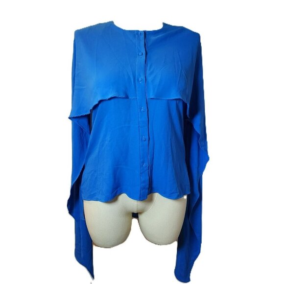 Prabal Gurung Blouse 8  Blue Asym Button Down  Draped Sleeve  Designer‎ - Picture 9 of 15